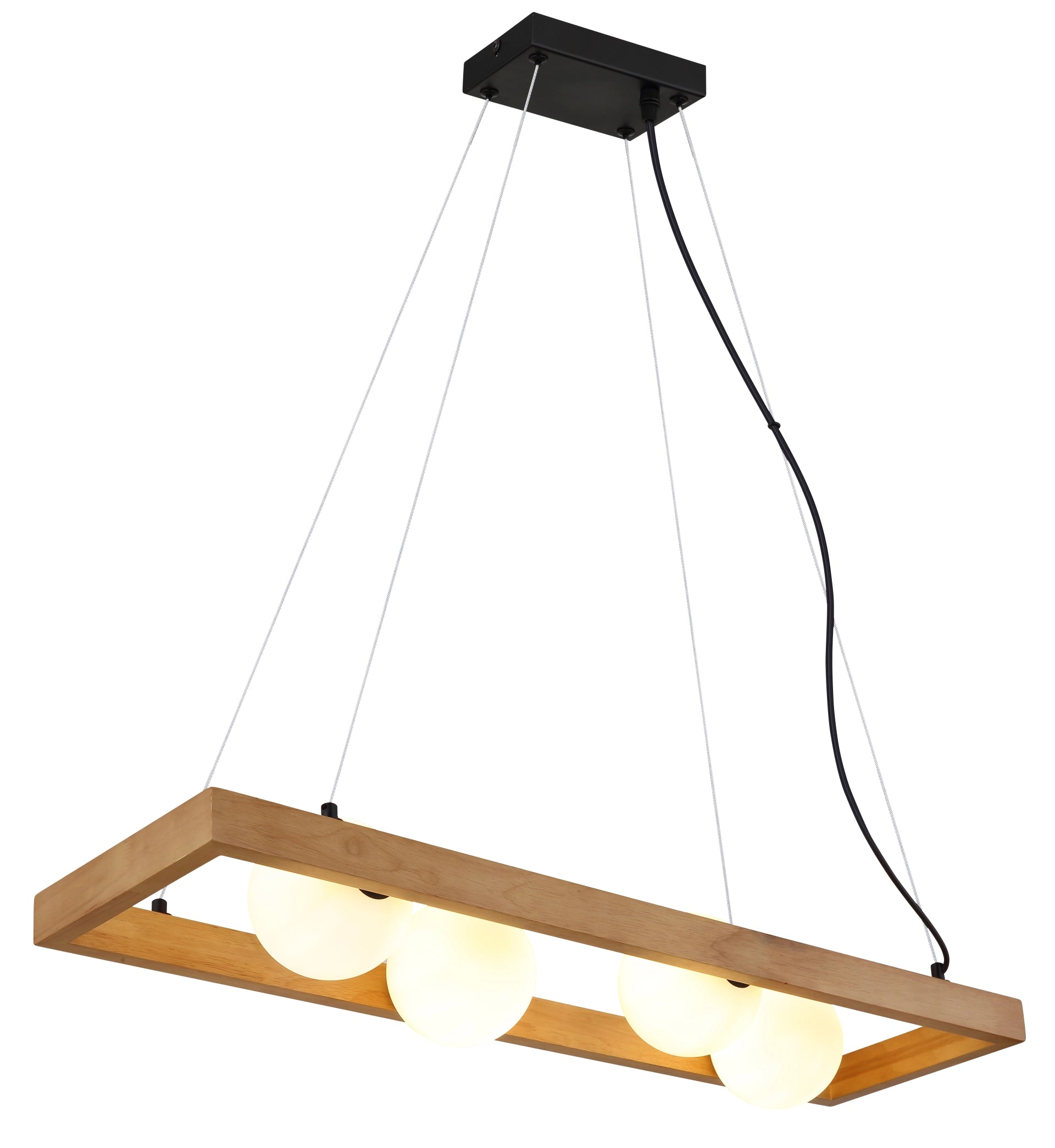 Sospensione NANDA Globo Lighting in Legno e Metallo Nero con Sfere in Vetro Opale