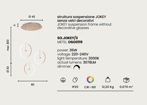 Ondaluce - Jokey - Sospensione 3 Luci - Vetri Combinati a Scelta