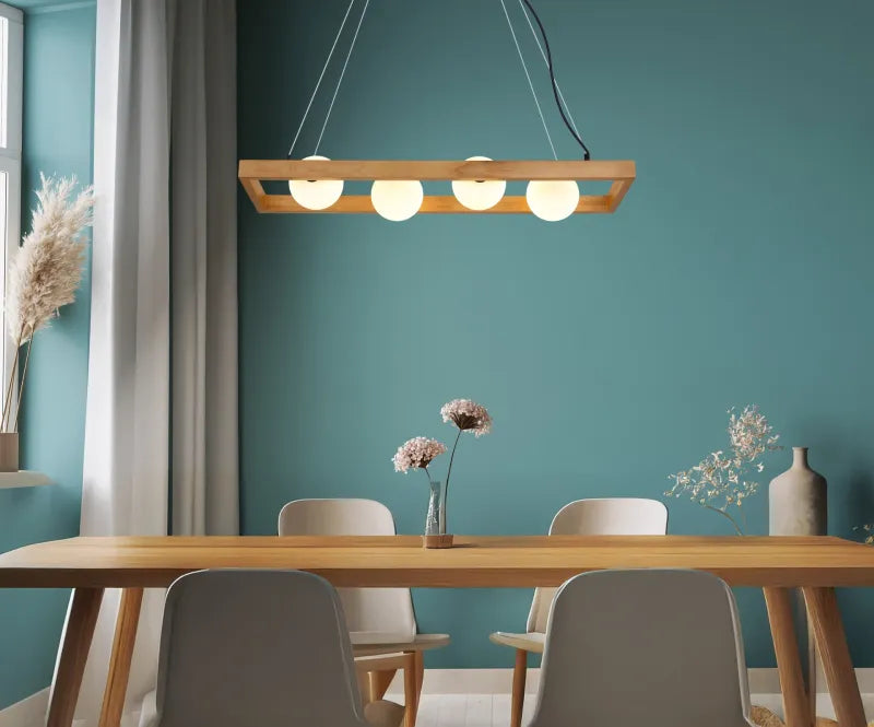 Sospensione NANDA Globo Lighting in Legno e Metallo Nero con Sfere in Vetro Opale