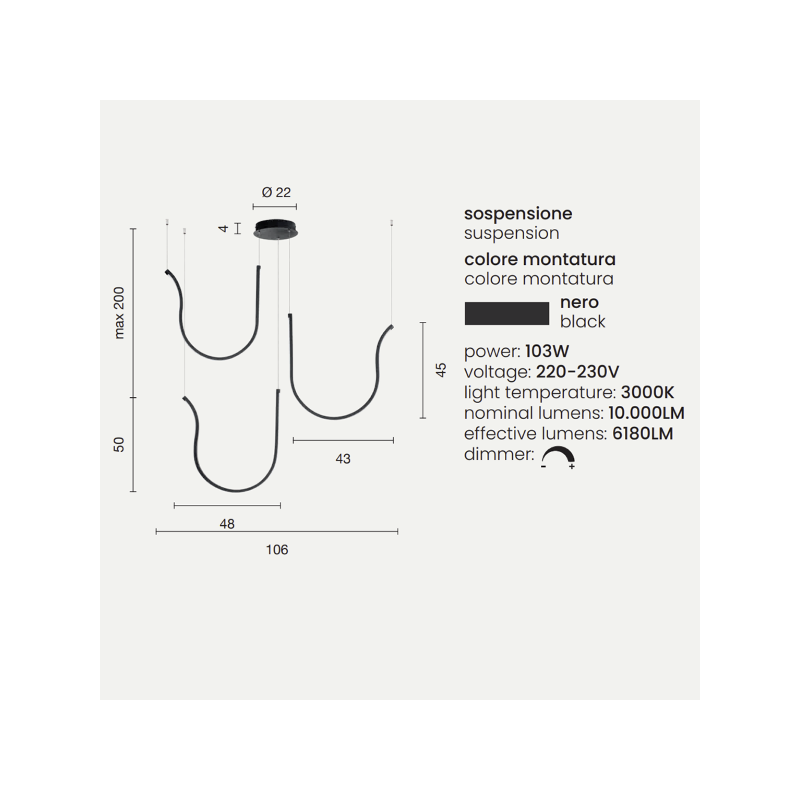 Ondaluce -  ARQUA Ø22 – 103W – Design Curvo e LED Integrato | Finitura Nero